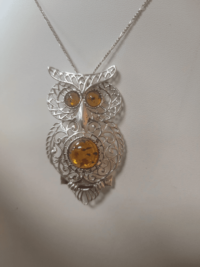 Pendentif/Broche &quot;Hibou&quot; en Argent et Ambre
