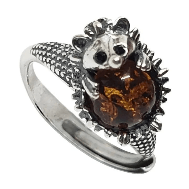 Bague "Hérisson" en Argent et Ambre Cognac