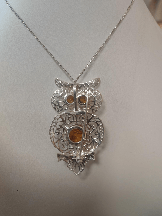 Pendentif/Broche "Hibou" en Argent et Ambre